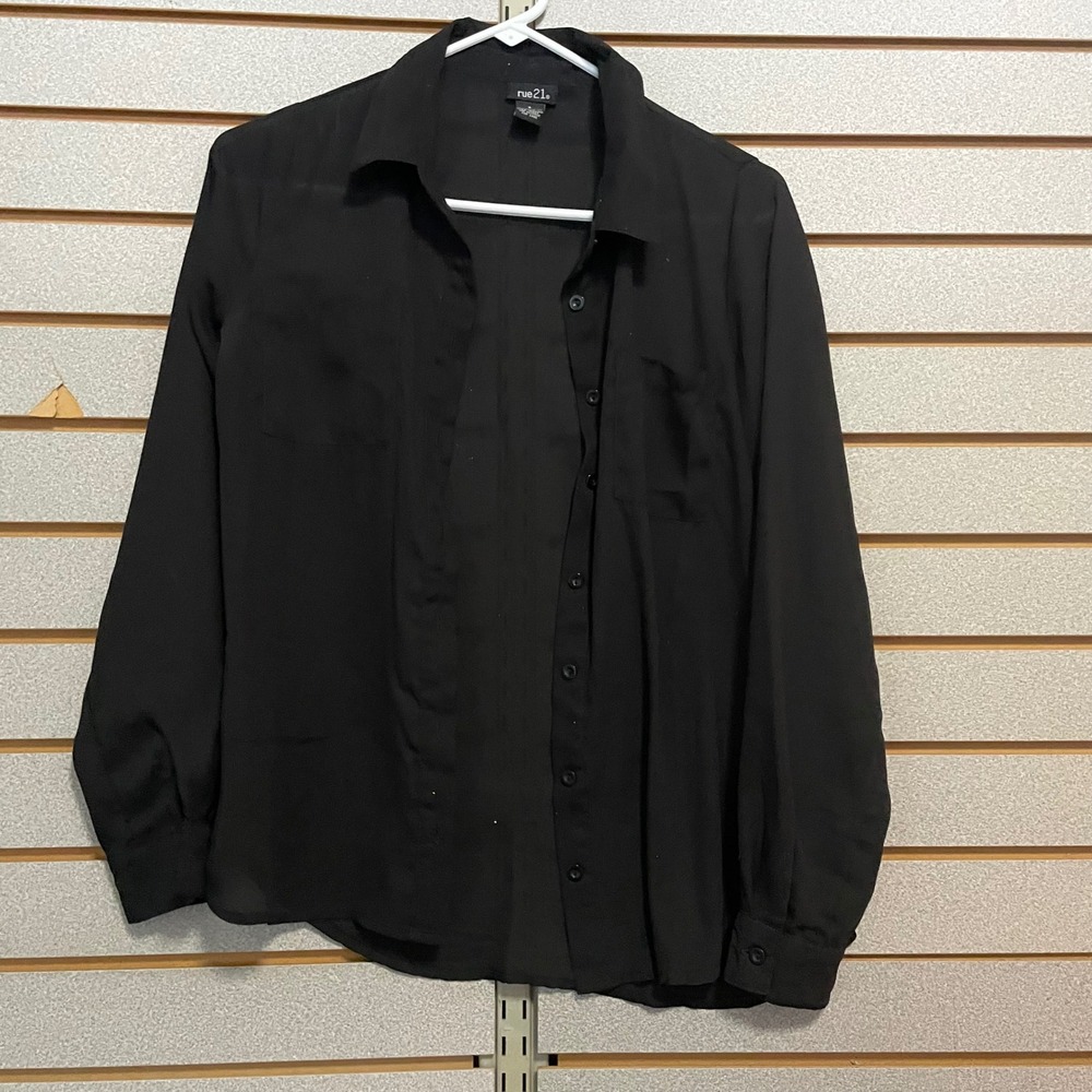 Rue 21 Black Button Up Long Sleeve Shirt Women Size Small Collared Blouse Top
